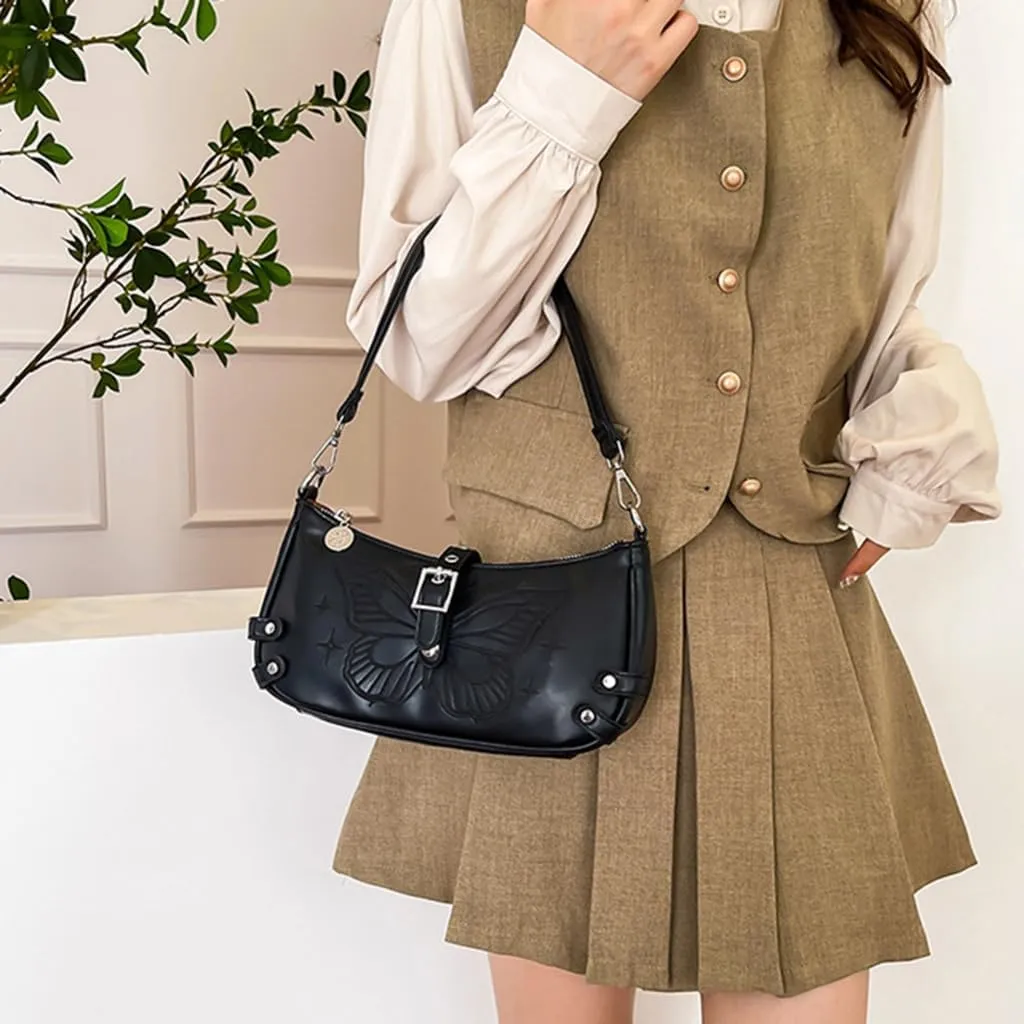 Women Aesthetic Embroidery Butterfly PU Leather Shoulder Handbag with Chain Strap Underarm Bag Crossbody Purse