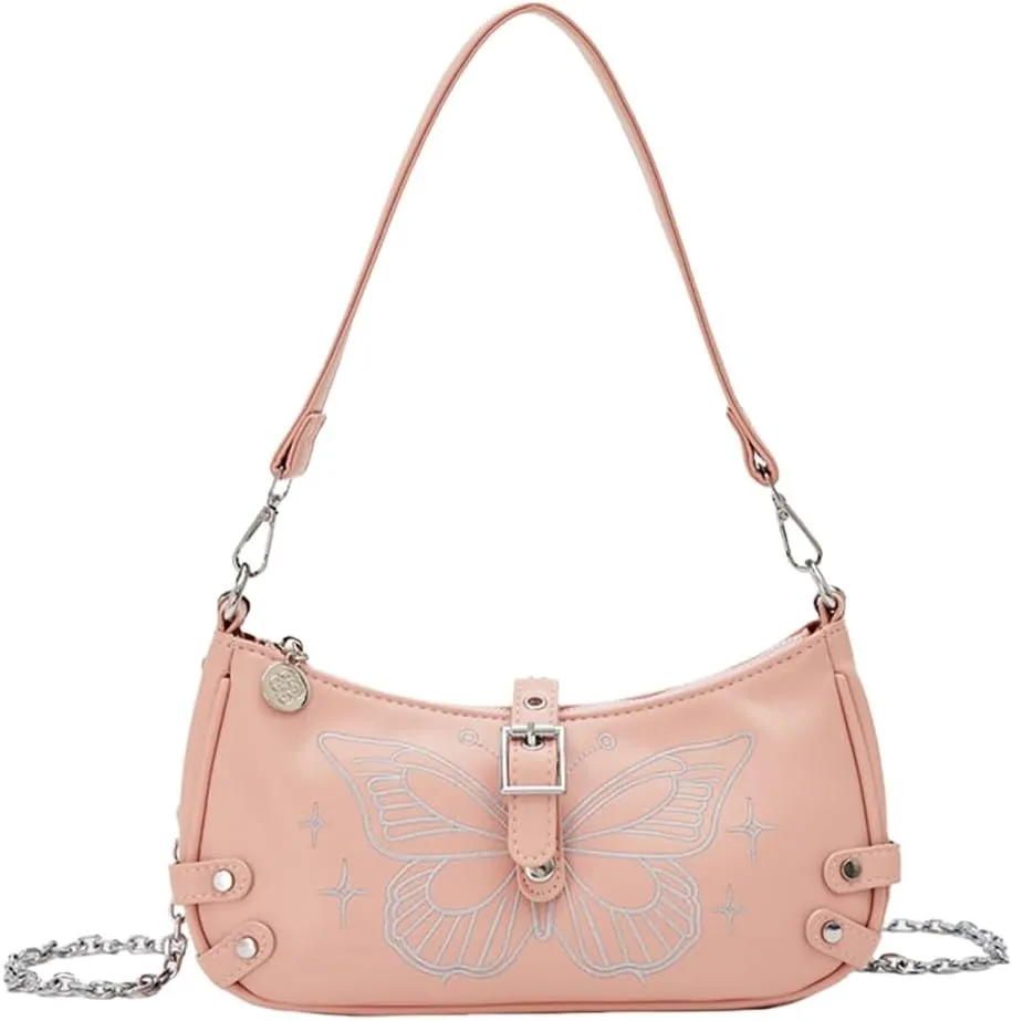 Women Aesthetic Embroidery Butterfly PU Leather Shoulder Handbag with Chain Strap Underarm Bag Crossbody Purse