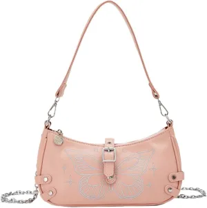 Women Aesthetic Embroidery Butterfly PU Leather Shoulder Handbag with Chain Strap Underarm Bag Crossbody Purse