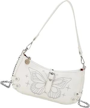 Women Aesthetic Embroidery Butterfly PU Leather Shoulder Handbag with Chain Strap Underarm Bag Crossbody Purse