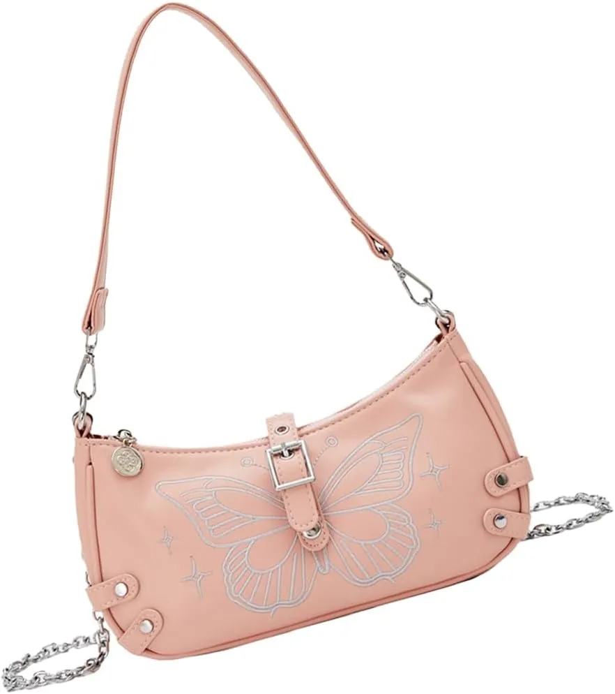 Women Aesthetic Embroidery Butterfly PU Leather Shoulder Handbag with Chain Strap Underarm Bag Crossbody Purse