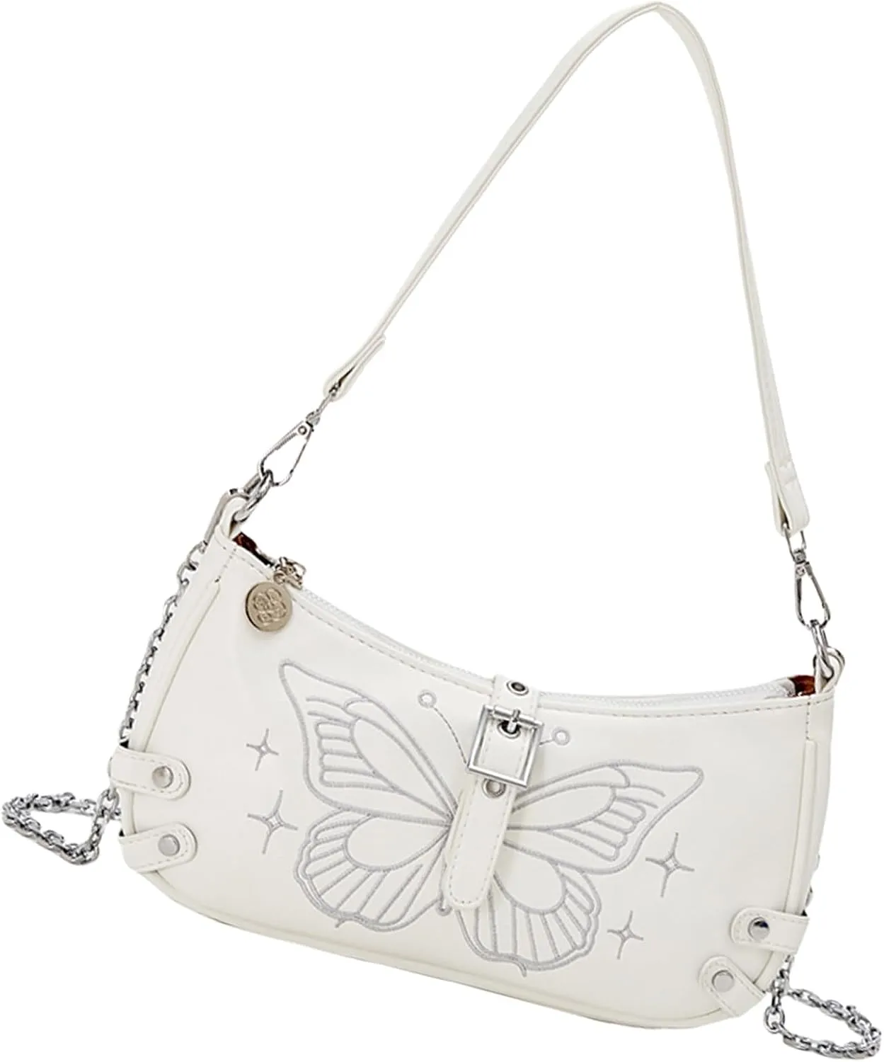 Women Aesthetic Embroidery Butterfly PU Leather Shoulder Handbag with Chain Strap Underarm Bag Crossbody Purse