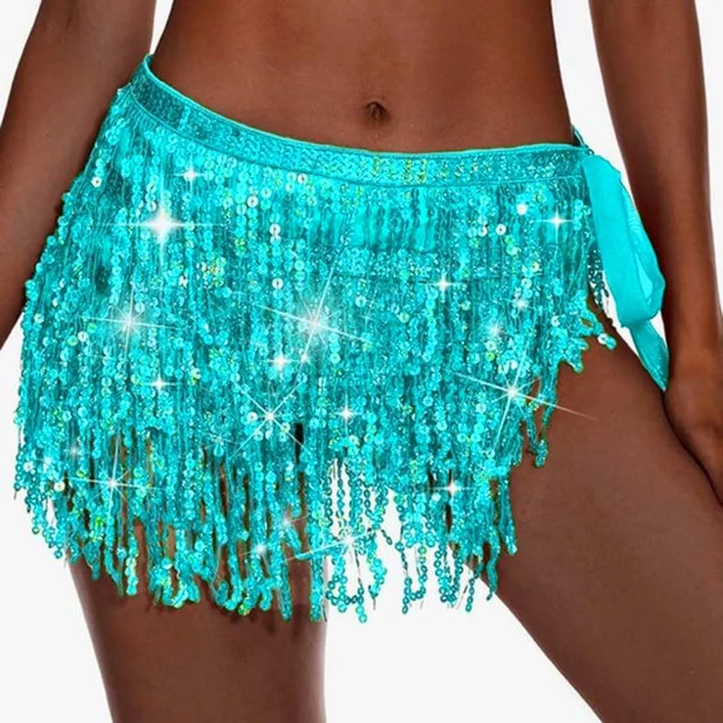 Women Belly Dance Skirt Sequin Fringe Wrap Skirts Sparkly Hip Scarf Skirt Party Rave Costume
