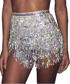 Women Belly Dance Skirt Sequin Fringe Wrap Skirts Sparkly Hip Scarf Skirt Party Rave Costume