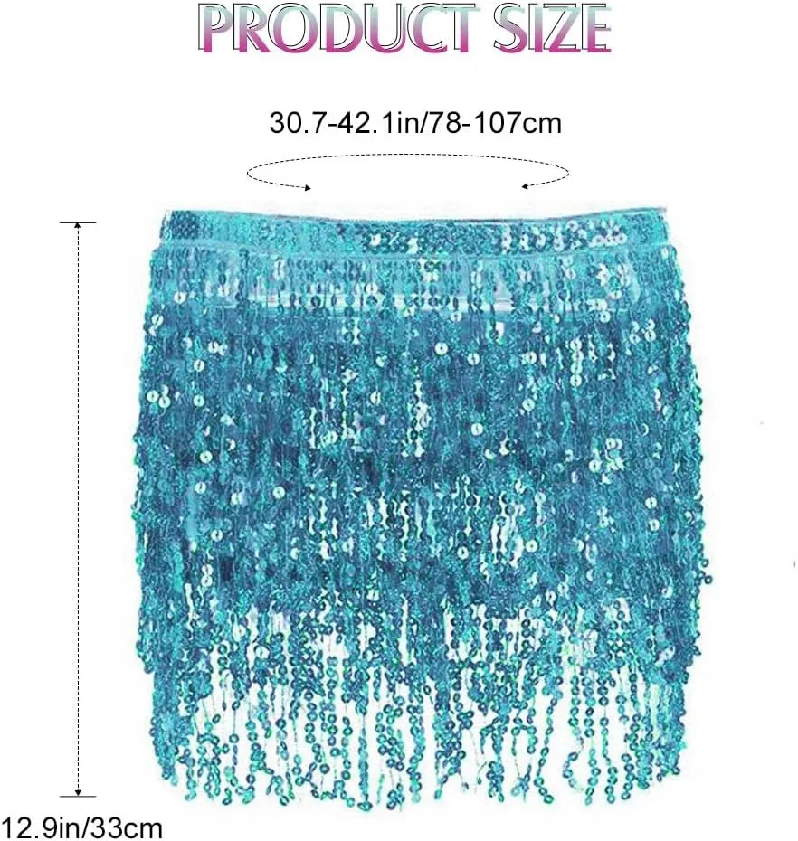 Women Belly Dance Skirt Sequin Fringe Wrap Skirts Sparkly Hip Scarf Skirt Party Rave Costume