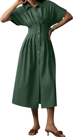 Women Button Front Pleated Shirt Maxi Dress Summer Striped Prints Short Sleeve Collar Casual Long Dresses