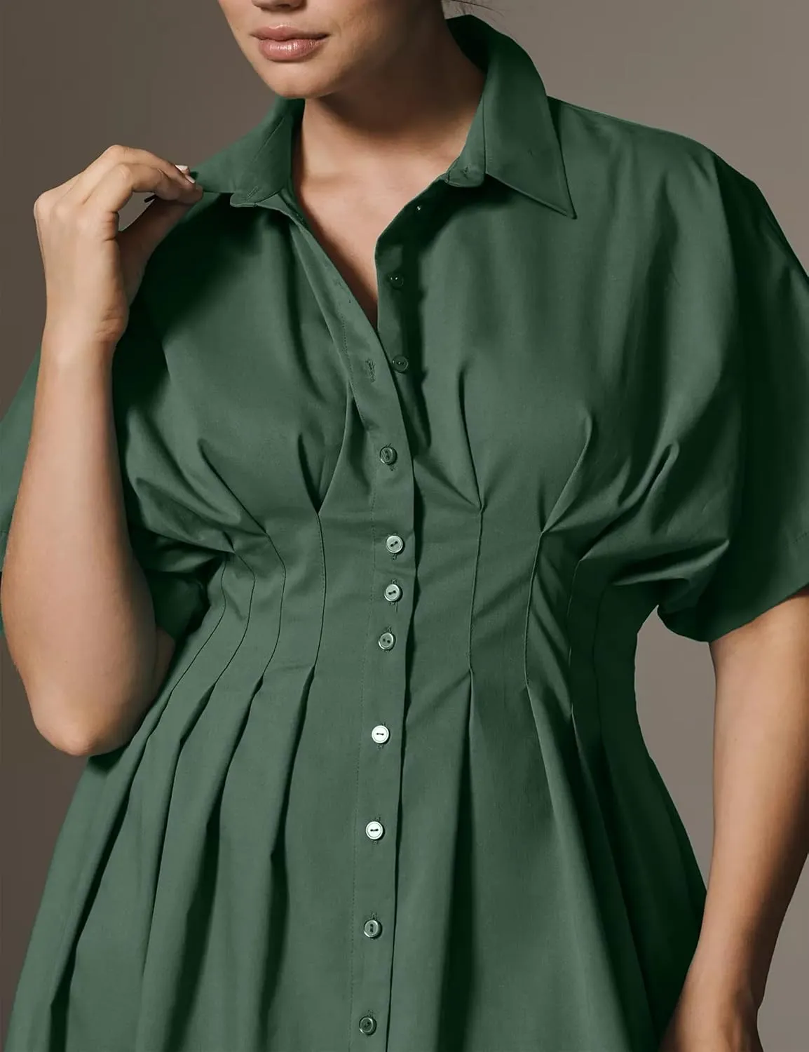 Women Button Front Pleated Shirt Maxi Dress Summer Striped Prints Short Sleeve Collar Casual Long Dresses