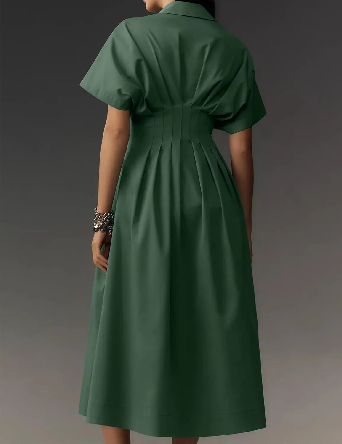 Women Button Front Pleated Shirt Maxi Dress Summer Striped Prints Short Sleeve Collar Casual Long Dresses