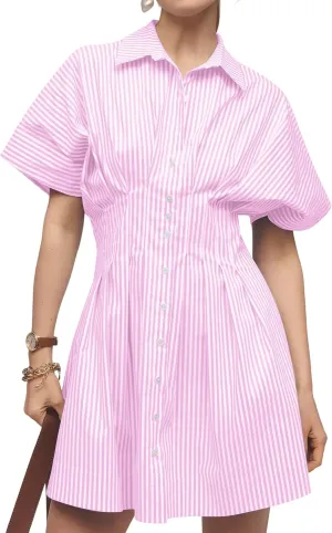 Women Button Front Pleated Stripe Shirt Dresses Summer Casual Short Sleeve Pleated Blouse Mini Dress