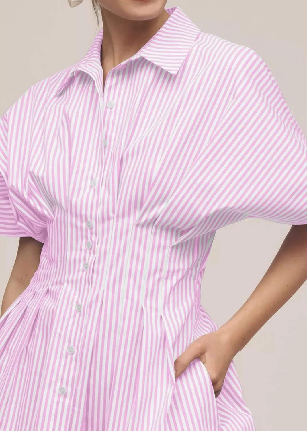 Women Button Front Pleated Stripe Shirt Dresses Summer Casual Short Sleeve Pleated Blouse Mini Dress