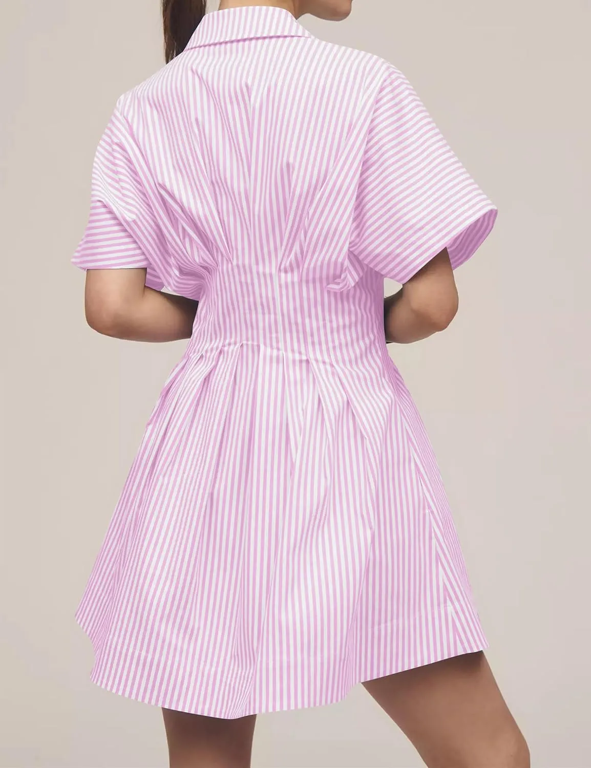 Women Button Front Pleated Stripe Shirt Dresses Summer Casual Short Sleeve Pleated Blouse Mini Dress