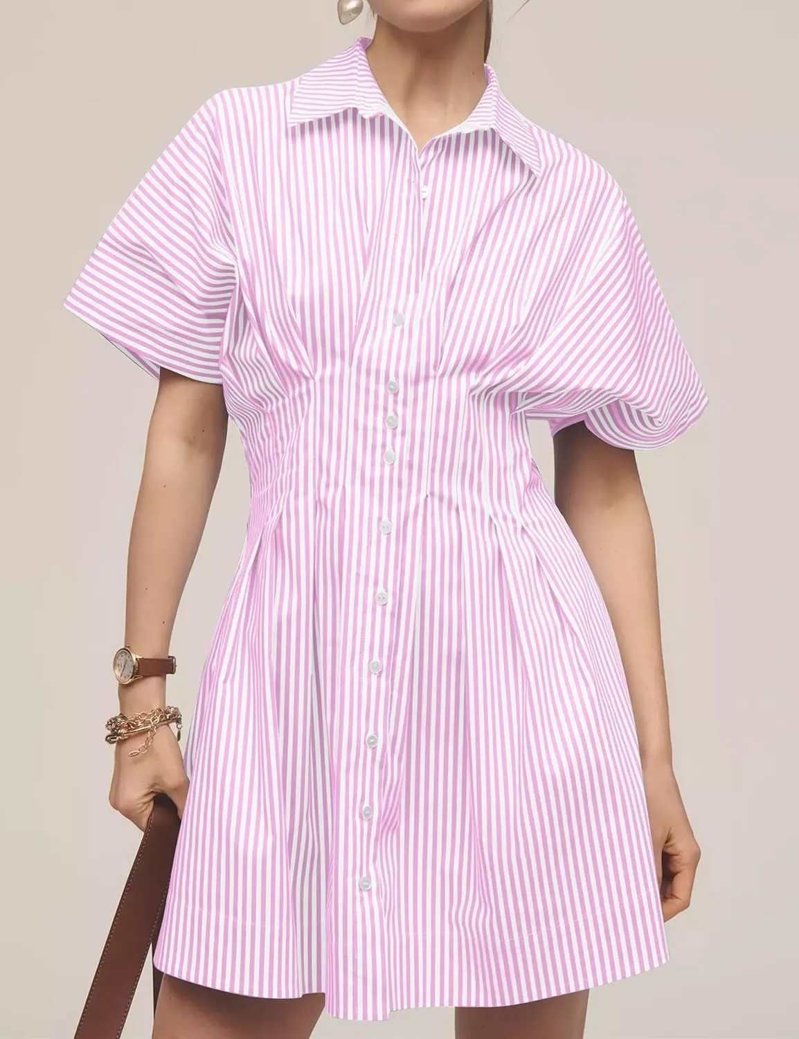 Women Button Front Pleated Stripe Shirt Dresses Summer Casual Short Sleeve Pleated Blouse Mini Dress