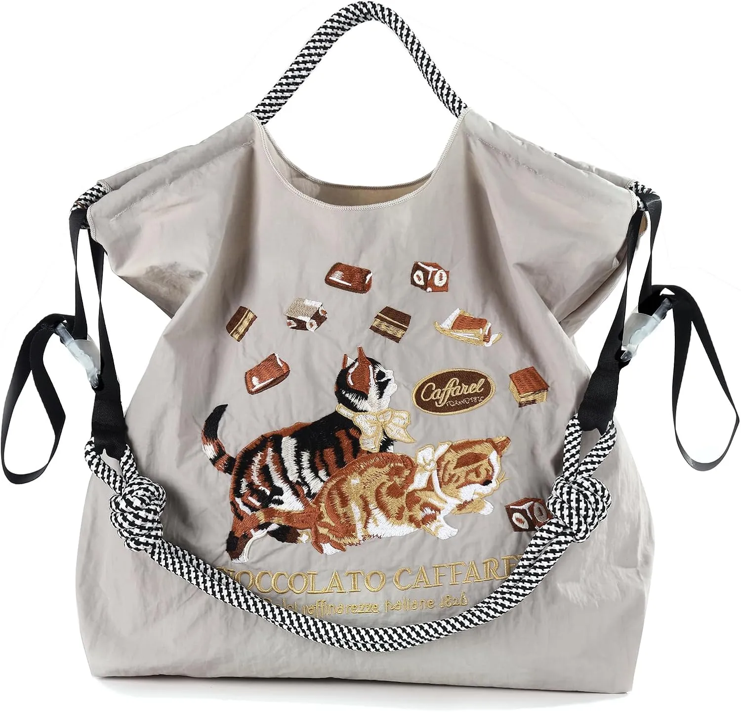 Women fashion handbag embroidered with nylon cat pattern handbag is a shopping bag for travel, beach birthday gifts
