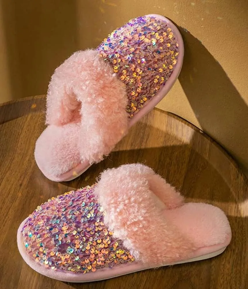 Women Fashion Sequins Plush Slippers Cozy Non-slip Home Slippers Thick Warm Memory Foam House Shoes for Women Girls