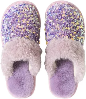 Women Fashion Sequins Plush Slippers Cozy Non-slip Home Slippers Thick Warm Memory Foam House Shoes for Women Girls