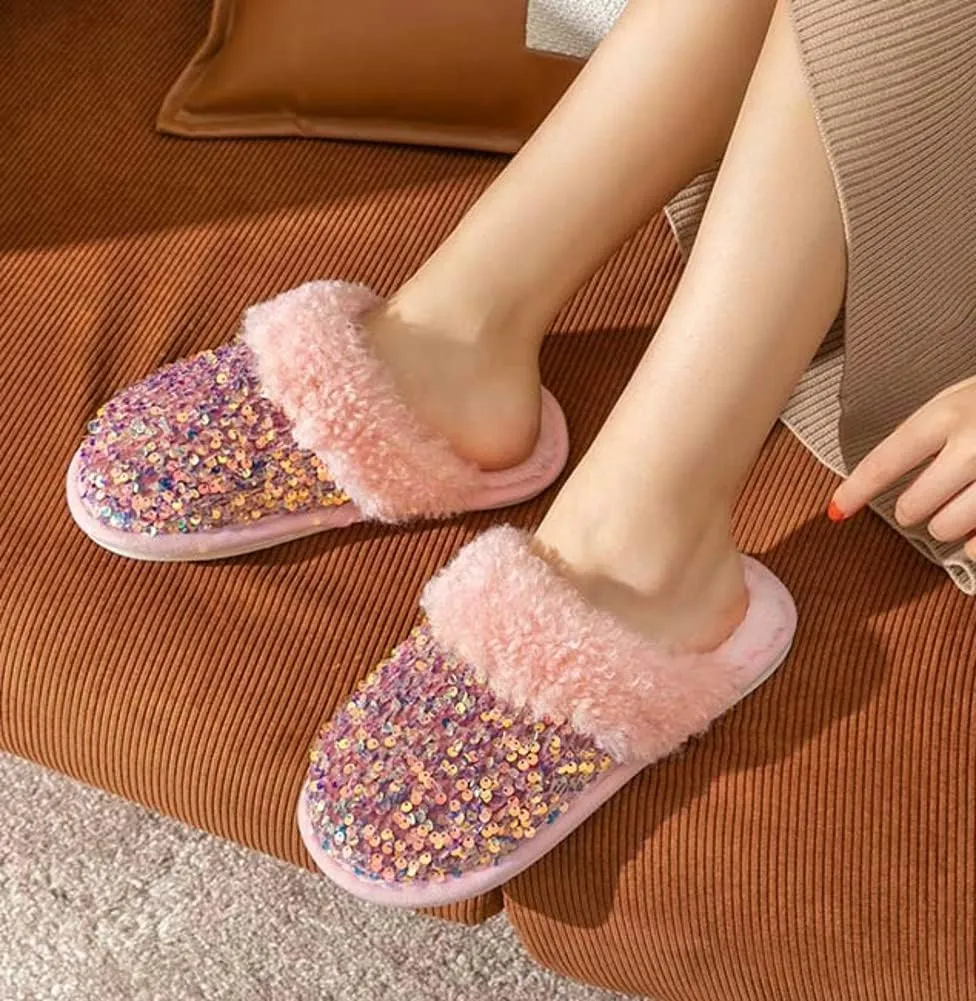 Women Fashion Sequins Plush Slippers Cozy Non-slip Home Slippers Thick Warm Memory Foam House Shoes for Women Girls