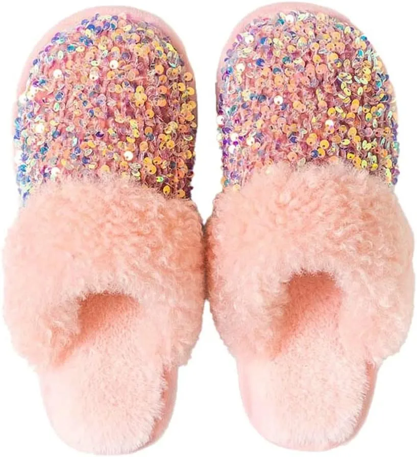 Women Fashion Sequins Plush Slippers Cozy Non-slip Home Slippers Thick Warm Memory Foam House Shoes for Women Girls