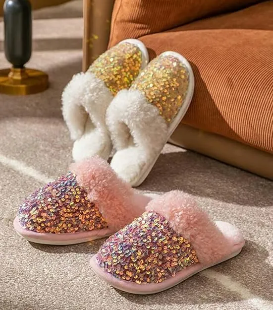 Women Fashion Sequins Plush Slippers Cozy Non-slip Home Slippers Thick Warm Memory Foam House Shoes for Women Girls