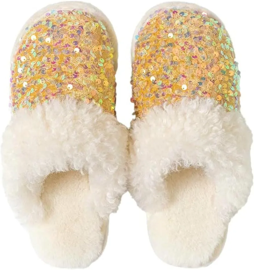 Women Fashion Sequins Plush Slippers Cozy Non-slip Home Slippers Thick Warm Memory Foam House Shoes for Women Girls