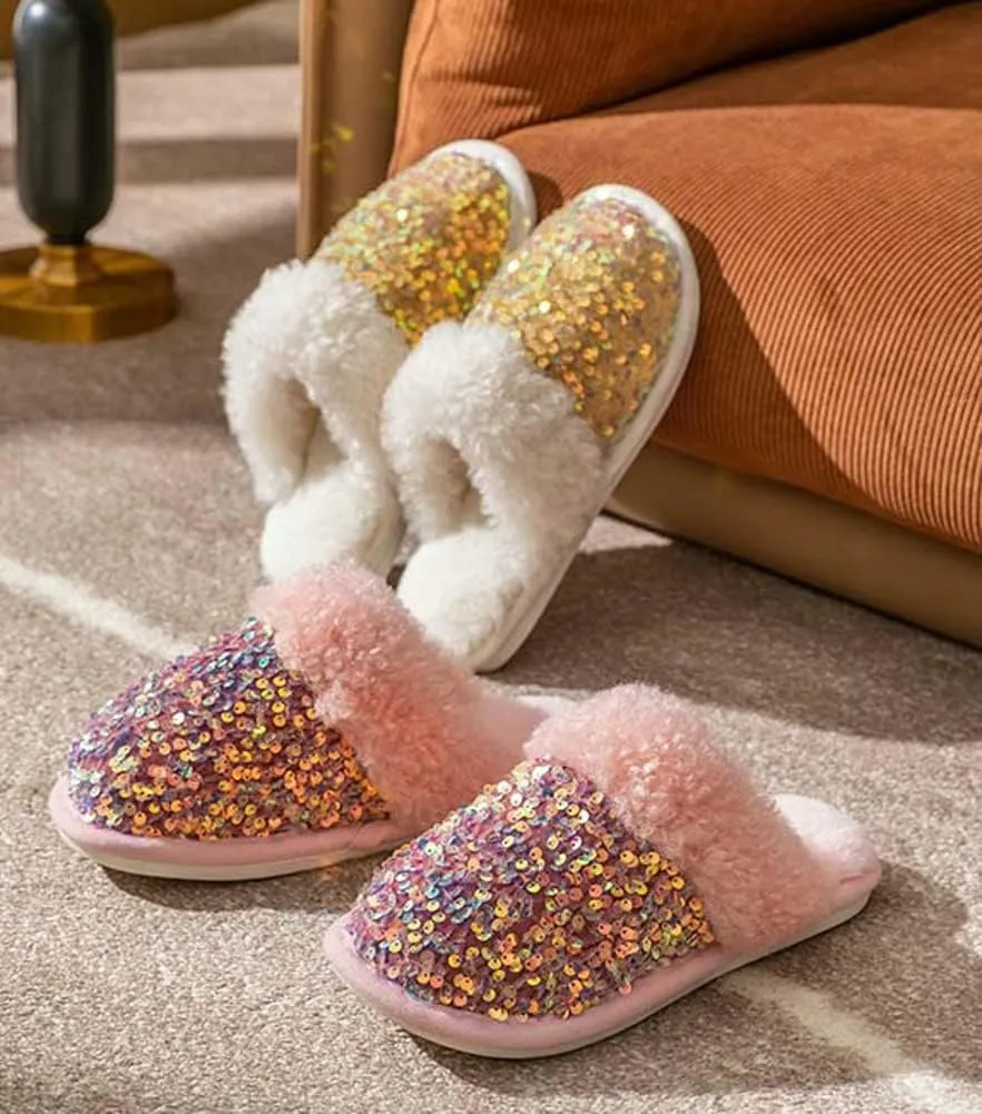 Women Fashion Sequins Plush Slippers Cozy Non-slip Home Slippers Thick Warm Memory Foam House Shoes for Women Girls