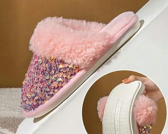 Women Fashion Sequins Plush Slippers Cozy Non-slip Home Slippers Thick Warm Memory Foam House Shoes for Women Girls