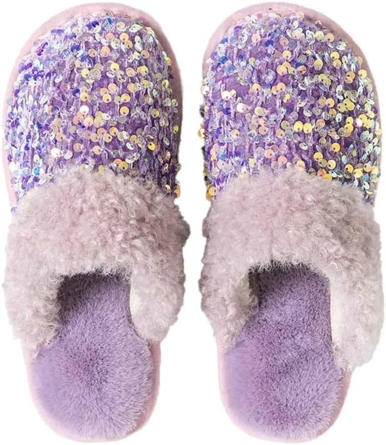 Women Fashion Sequins Plush Slippers Cozy Non-slip Home Slippers Thick Warm Memory Foam House Shoes for Women Girls