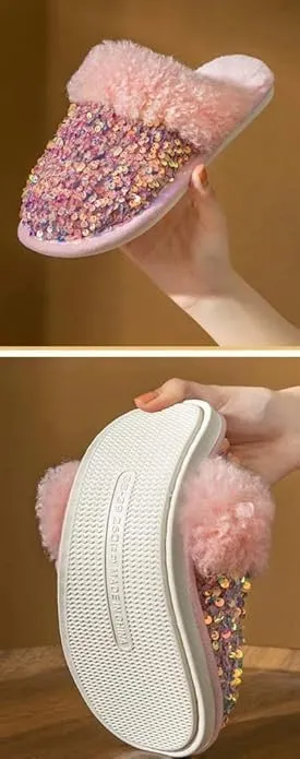 Women Fashion Sequins Plush Slippers Cozy Non-slip Home Slippers Thick Warm Memory Foam House Shoes for Women Girls