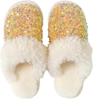 Women Fashion Sequins Plush Slippers Cozy Non-slip Home Slippers Thick Warm Memory Foam House Shoes for Women Girls