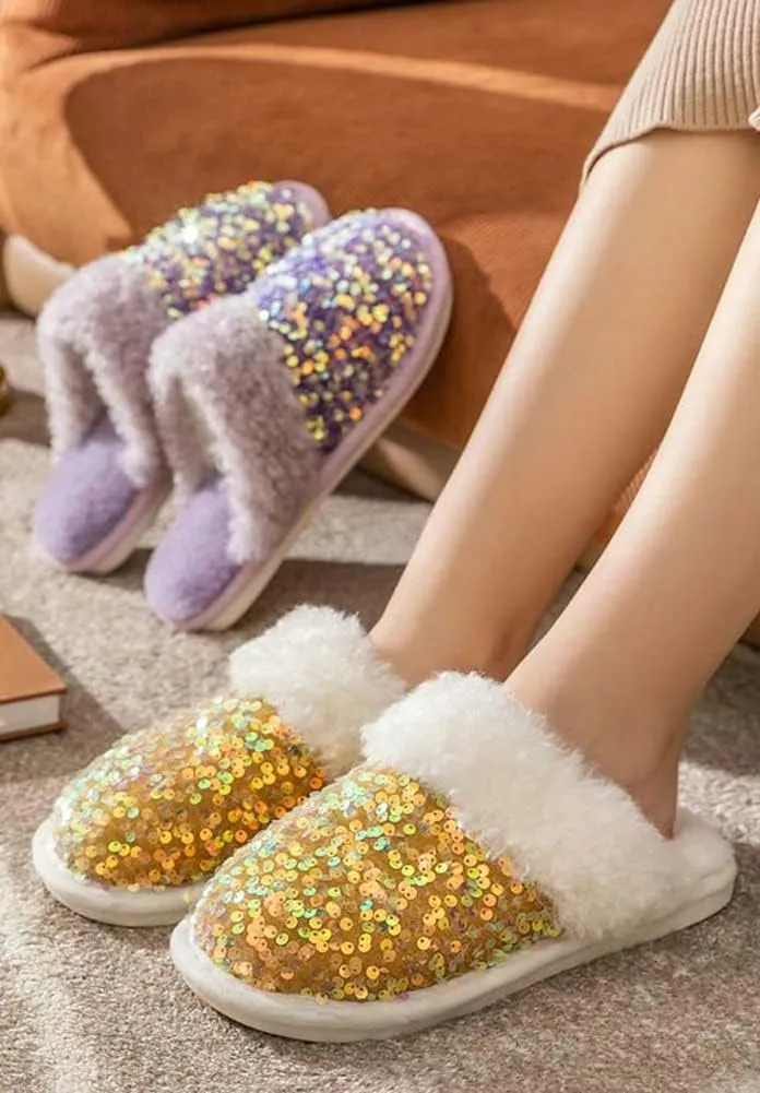 Women Fashion Sequins Plush Slippers Cozy Non-slip Home Slippers Thick Warm Memory Foam House Shoes for Women Girls