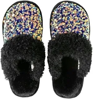 Women Fashion Sequins Plush Slippers Cozy Non-slip Home Slippers Thick Warm Memory Foam House Shoes for Women Girls