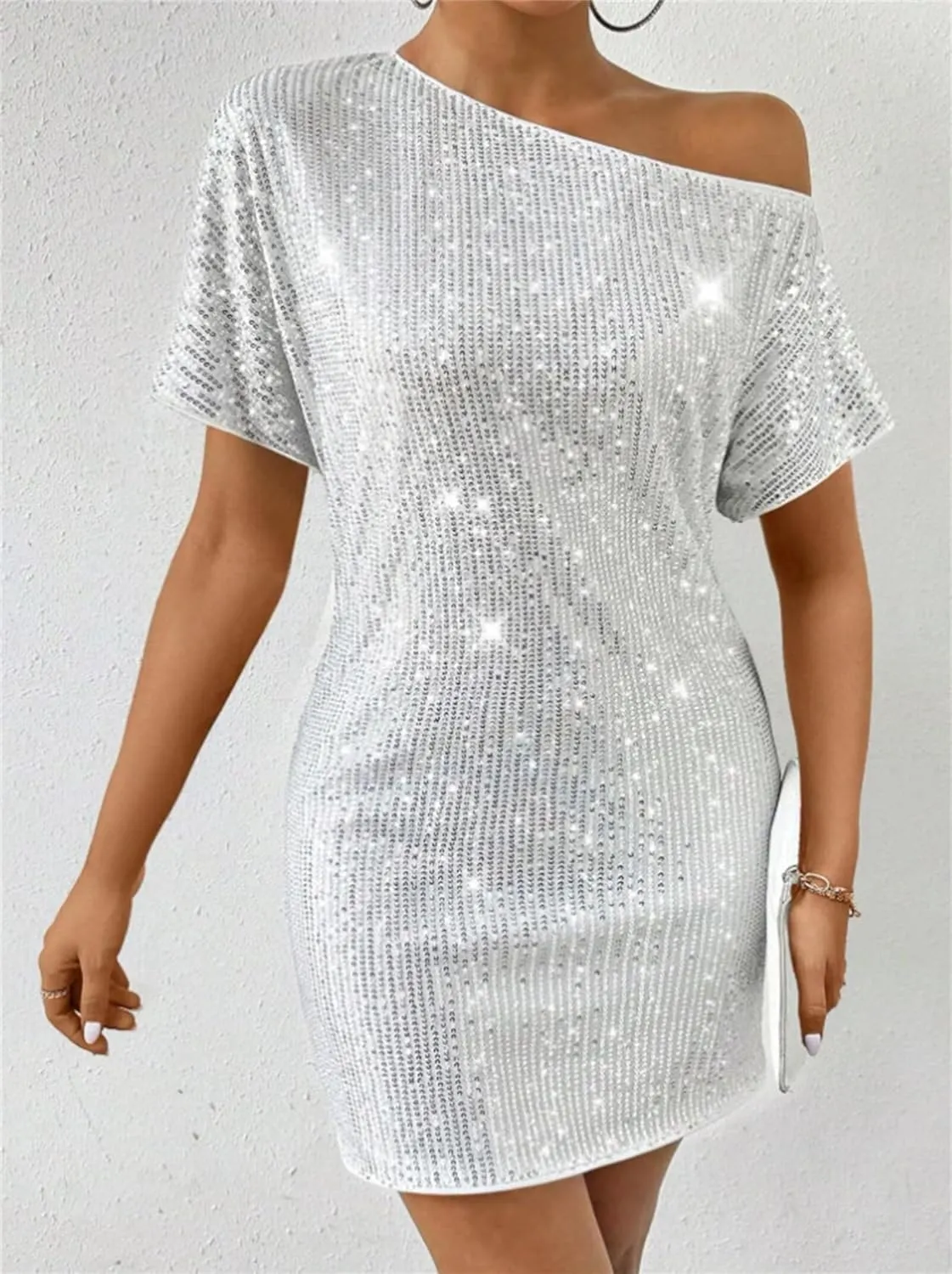 Women Fashion Summer Dress Short Sleeve Off Shoulder Mini Dress Sequin Sexy Party Dresses Casual Vacation Sundress