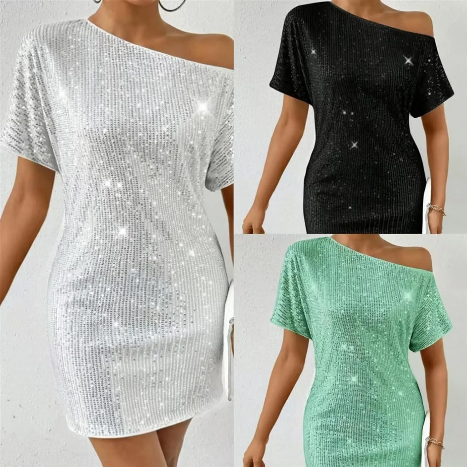 Women Fashion Summer Dress Short Sleeve Off Shoulder Mini Dress Sequin Sexy Party Dresses Casual Vacation Sundress