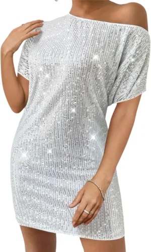 Women Fashion Summer Dress Short Sleeve Off Shoulder Mini Dress Sequin Sexy Party Dresses Casual Vacation Sundress
