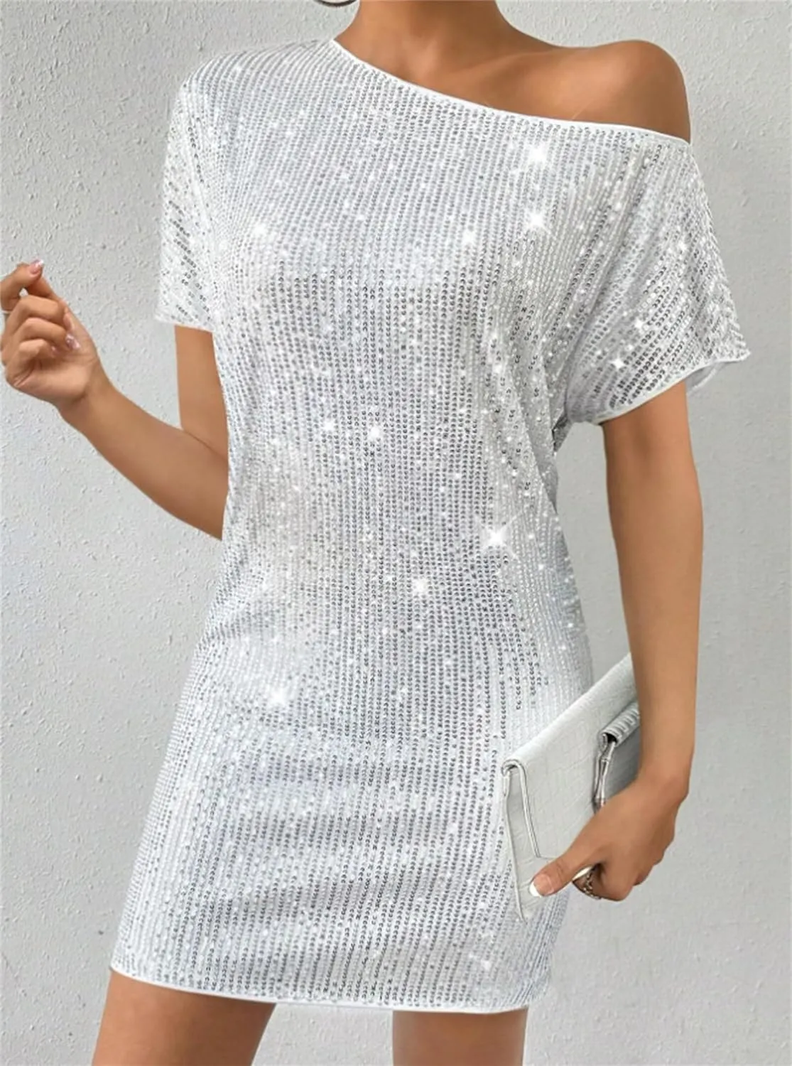 Women Fashion Summer Dress Short Sleeve Off Shoulder Mini Dress Sequin Sexy Party Dresses Casual Vacation Sundress