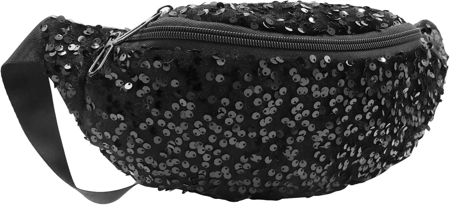 Women Girls Waist Bag Fanny Pack Sequins Waist Pouch Chest Crossbody Belt Bags Adjustable for Sports Daily,Black A#