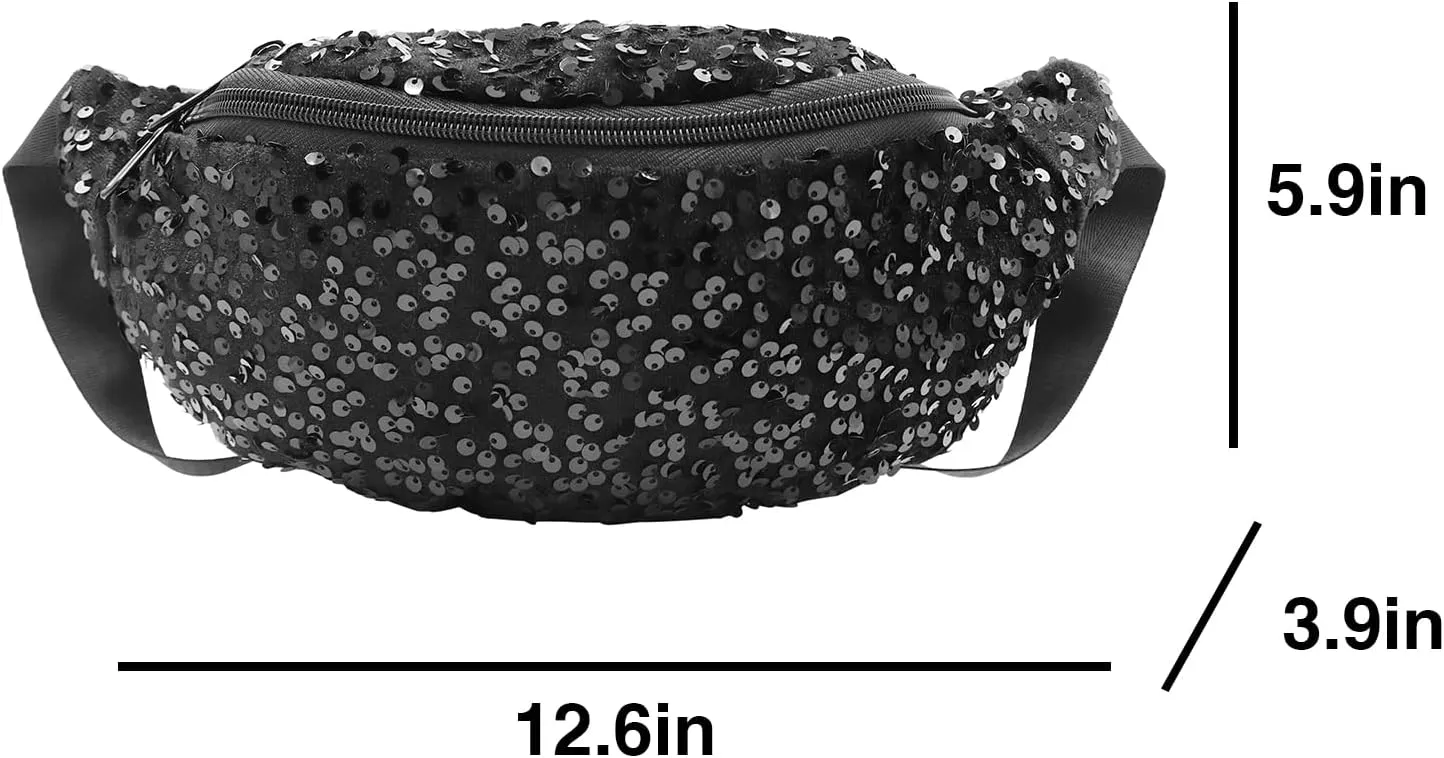 Women Girls Waist Bag Fanny Pack Sequins Waist Pouch Chest Crossbody Belt Bags Adjustable for Sports Daily,Black A#