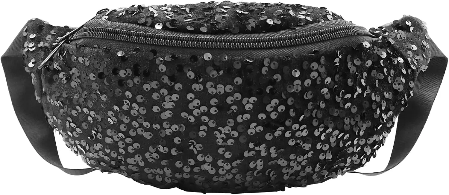 Women Girls Waist Bag Fanny Pack Sequins Waist Pouch Chest Crossbody Belt Bags Adjustable for Sports Daily,Black A#