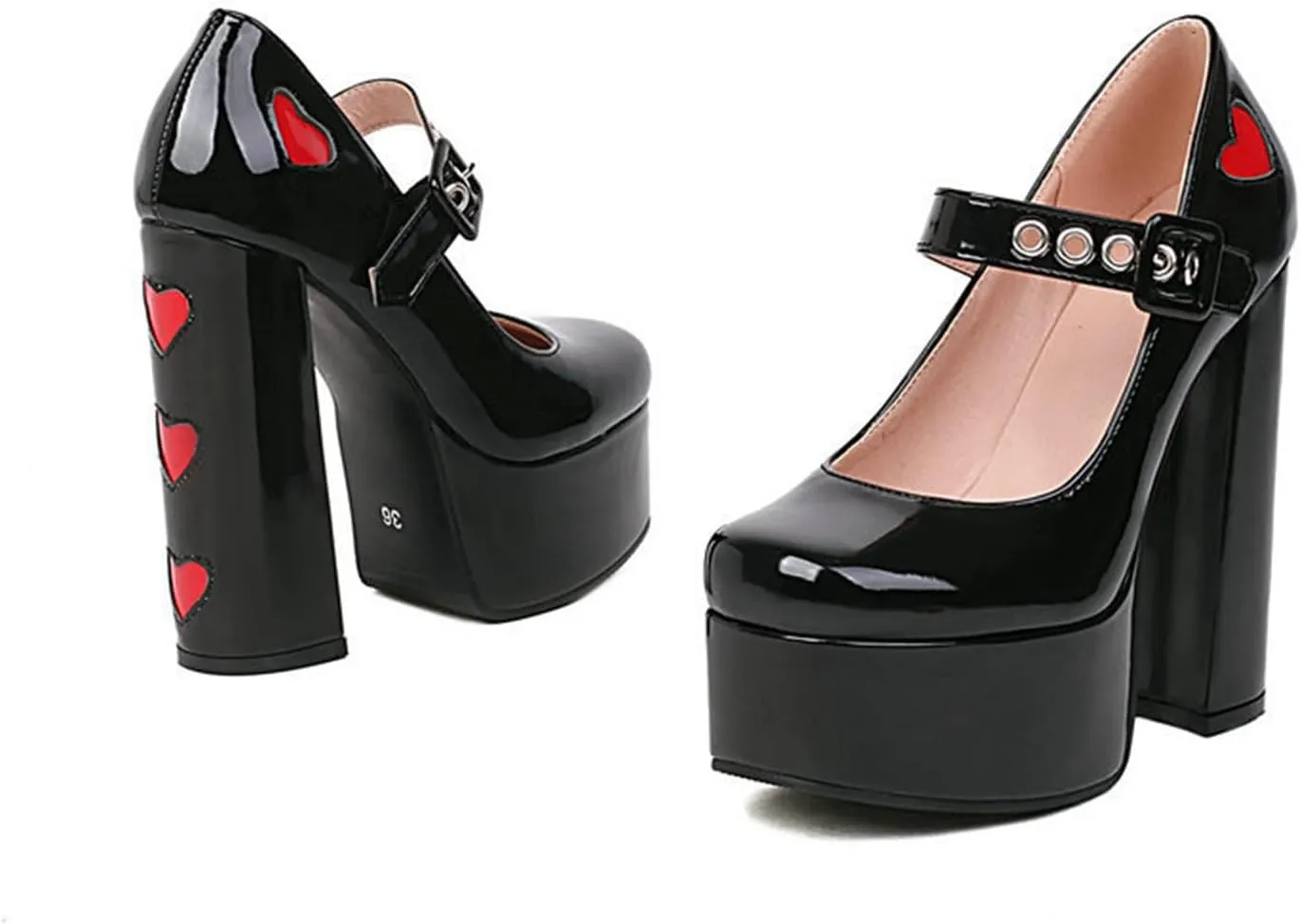 Women Gothic Mary Jane Pumps Studded Buckle PU Leather Ankle Strap Chunky High Heel Platform Shoes