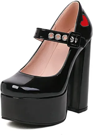 Women Gothic Mary Jane Pumps Studded Buckle PU Leather Ankle Strap Chunky High Heel Platform Shoes