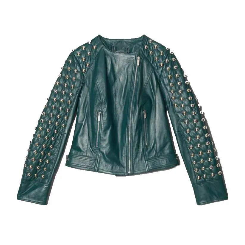 Women Green Style Studded Motorcycle Leather Jacket