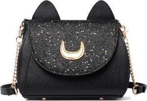 Women Kawaii Handbag Cosplay Gothic Crossbody Cat and Moon Purse Sequin Satchel Shoulder Bag