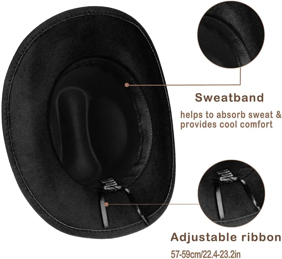 Women Men Fashion Wide Brim Teardrop Crown Felt Western Cowboy Cowgirl Hat with Silver Studs Leather Hat Band