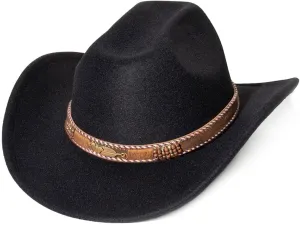 Women Men Fashion Wide Brim Teardrop Crown Felt Western Cowboy Cowgirl Hat with Silver Studs Leather Hat Band