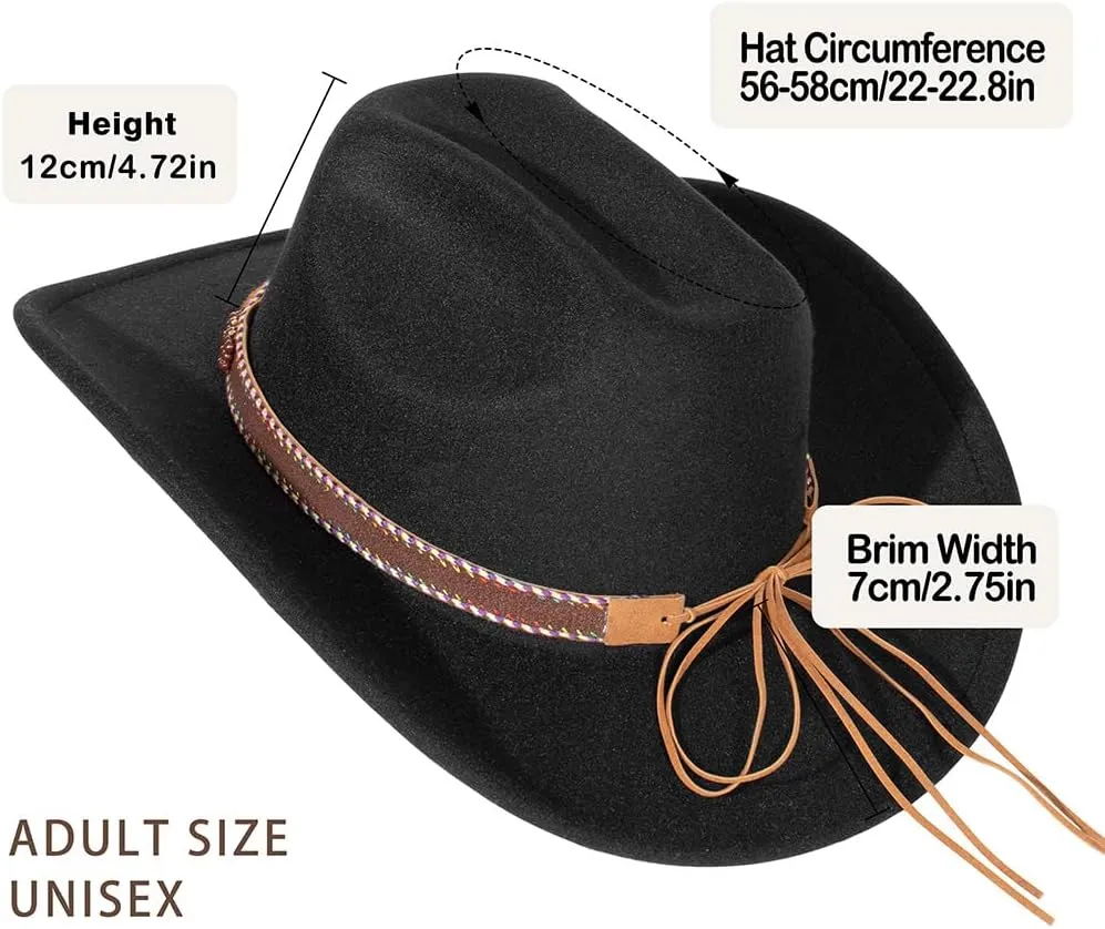 Women Men Fashion Wide Brim Teardrop Crown Felt Western Cowboy Cowgirl Hat with Silver Studs Leather Hat Band