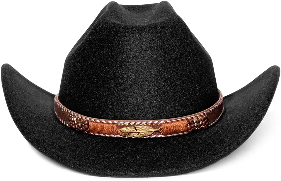 Women Men Fashion Wide Brim Teardrop Crown Felt Western Cowboy Cowgirl Hat with Silver Studs Leather Hat Band