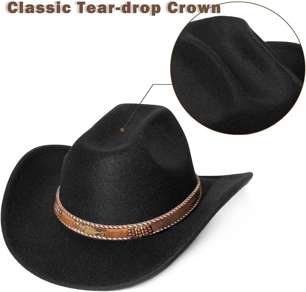 Women Men Fashion Wide Brim Teardrop Crown Felt Western Cowboy Cowgirl Hat with Silver Studs Leather Hat Band
