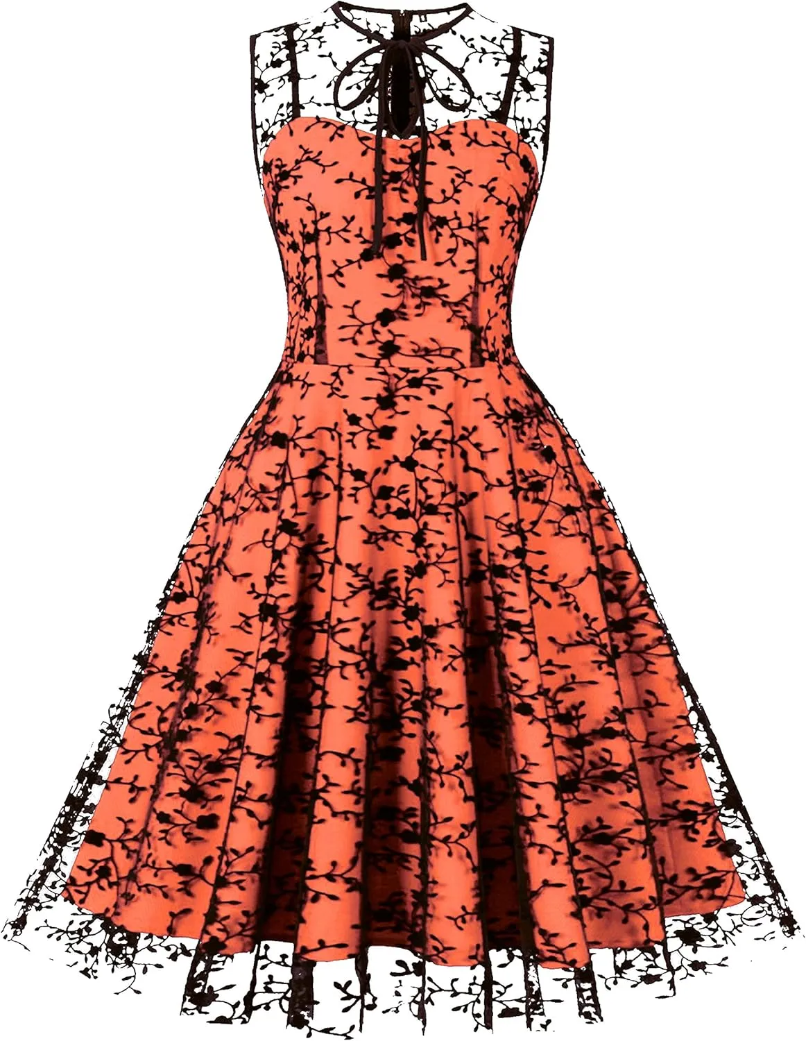 Women Mesh Floral Embroidery Vintage Cocktail Swing Dress Illusion 50s Goth Flared A line Casual Wedding Prom Evening Dress