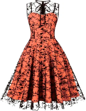 Women Mesh Floral Embroidery Vintage Cocktail Swing Dress Illusion 50s Goth Flared A line Casual Wedding Prom Evening Dress