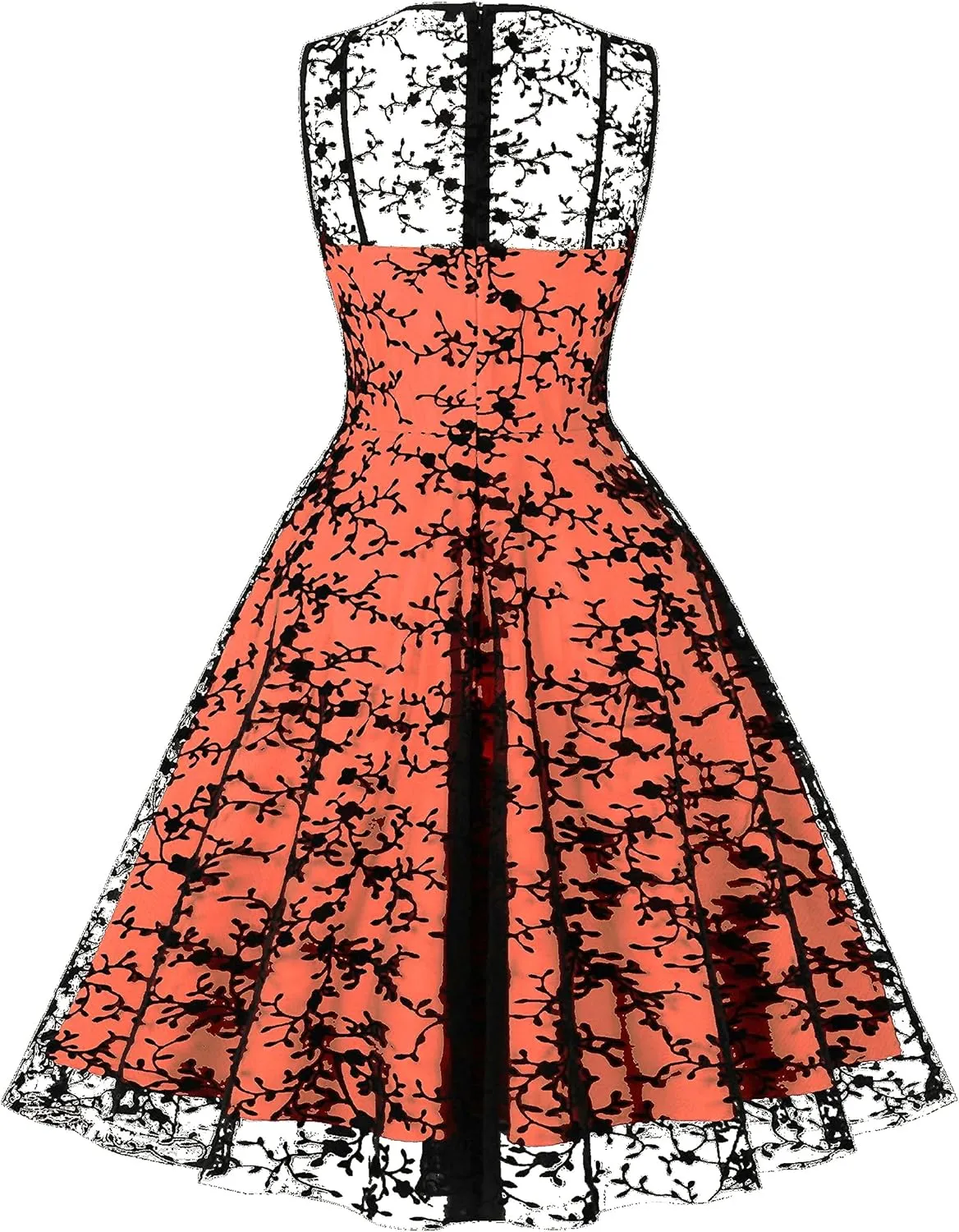 Women Mesh Floral Embroidery Vintage Cocktail Swing Dress Illusion 50s Goth Flared A line Casual Wedding Prom Evening Dress