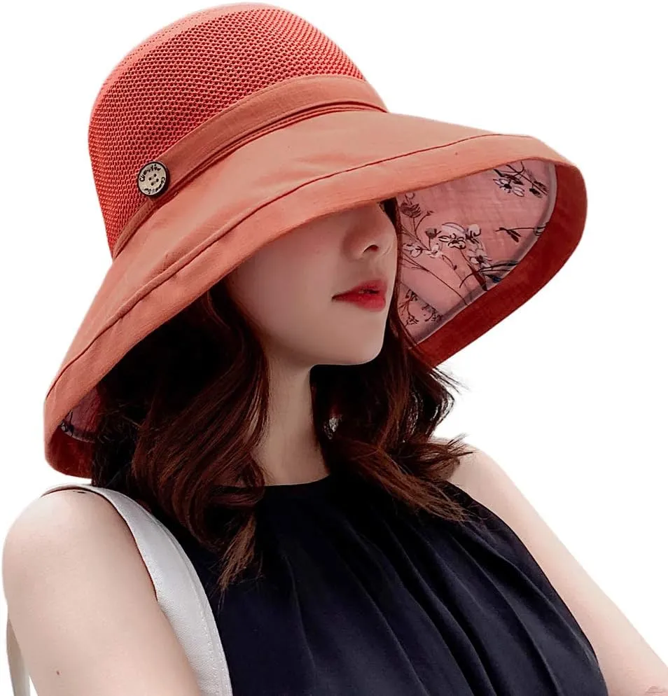 Women Mesh Sun Hats Summer Beach UV Protection UPF Packable Wide Brim Chin Strap